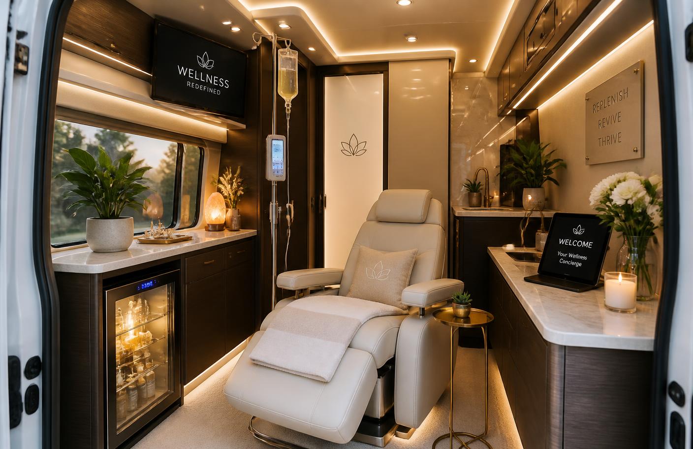 Interior of the Mmedi mobile wellness spa with a cream recliner and warm lighting